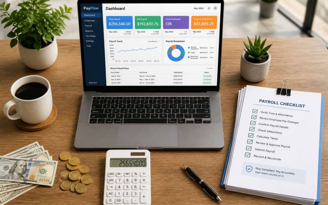 What does payroll services include? Tax filing, direct deposit, and compliance.